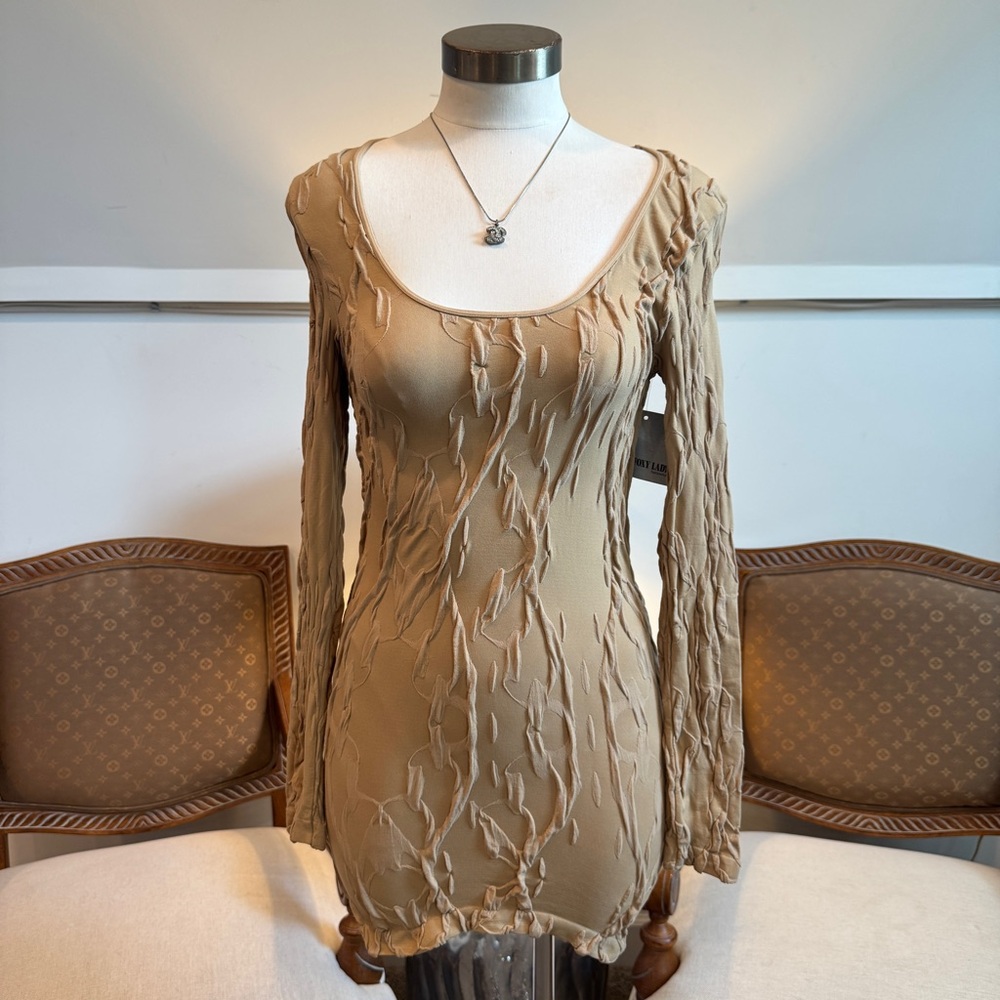 NWT LAST TANGO Textured Tan Long Sleeve Mini Slip Tunic Dress, Boho Grunge, S/M